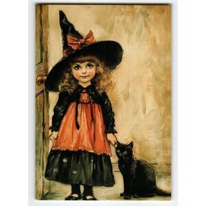 Vintage Halloween Witch Girl with Black Cat Photochrome Postcard